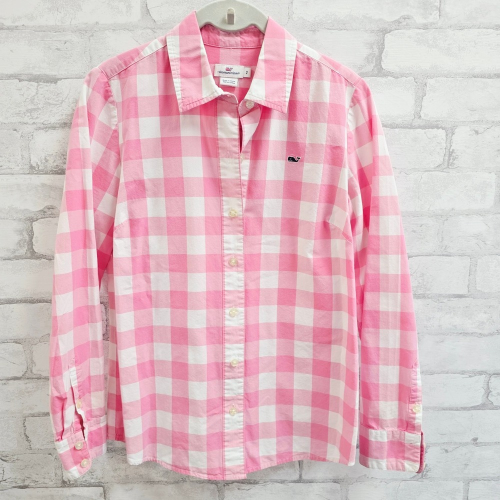 Vineyard Vines Womens Pink White Gingham Buffalo Check Button Down Shirt Size 2